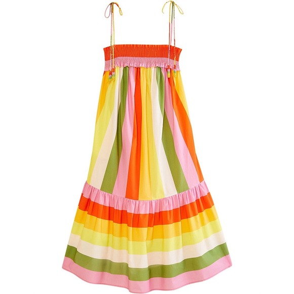 Farm Rio MIXED Multicolored Stripe Smocked  MIDI DRESS Size Medium New with tags - Picture 4 of 10